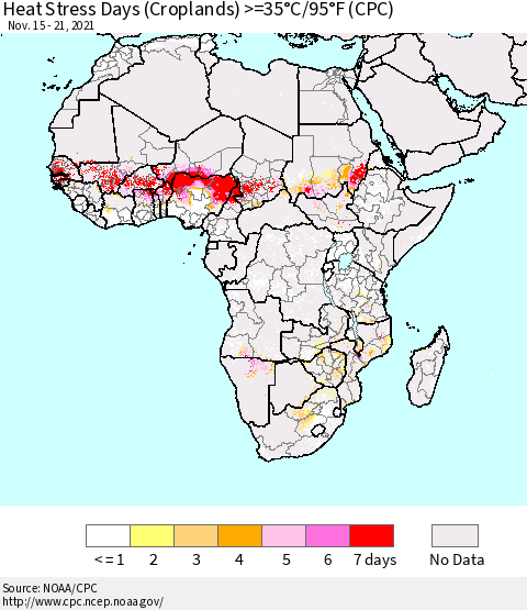 Africa Heat Stress Days (Croplands) >=35°C/95°F (CPC) Thematic Map For 11/15/2021 - 11/21/2021