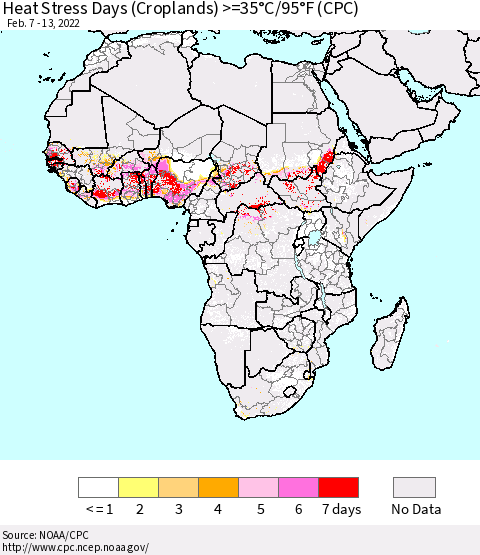 Africa Heat Stress Days (Croplands) >=35°C/95°F (CPC) Thematic Map For 2/7/2022 - 2/13/2022