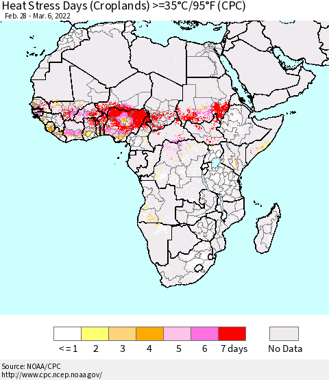Africa Heat Stress Days (Croplands) >=35°C/95°F (CPC) Thematic Map For 2/28/2022 - 3/6/2022