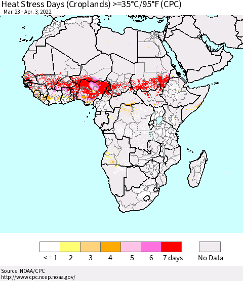 Africa Heat Stress Days (Croplands) >=35°C/95°F (CPC) Thematic Map For 3/28/2022 - 4/3/2022