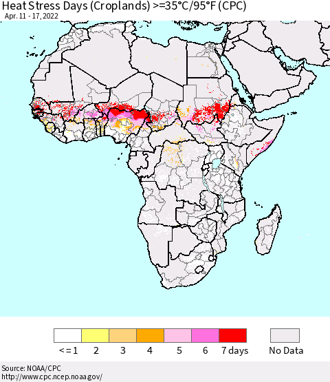 Africa Heat Stress Days (Croplands) >=35°C/95°F (CPC) Thematic Map For 4/11/2022 - 4/17/2022