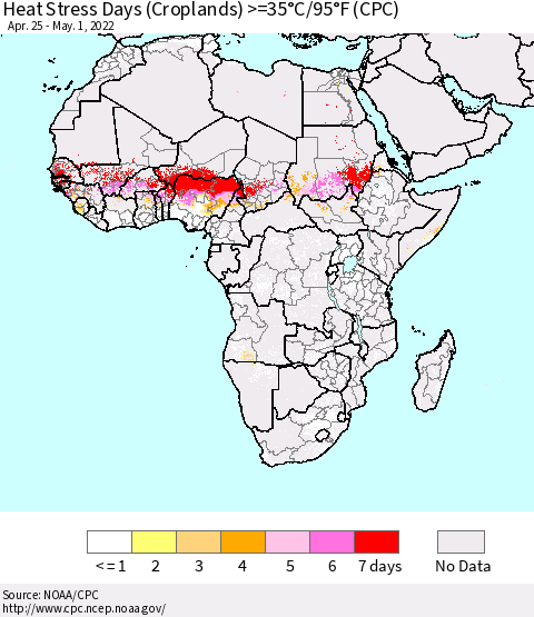 Africa Heat Stress Days (Croplands) >=35°C/95°F (CPC) Thematic Map For 4/25/2022 - 5/1/2022