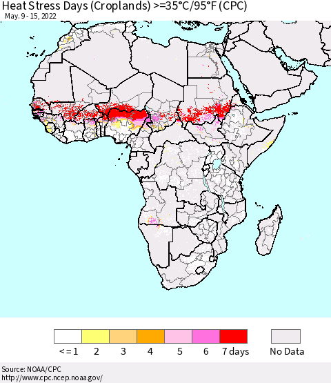 Africa Heat Stress Days (Croplands) >=35°C/95°F (CPC) Thematic Map For 5/9/2022 - 5/15/2022