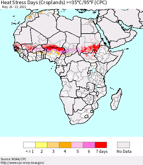 Africa Heat Stress Days (Croplands) >=35°C/95°F (CPC) Thematic Map For 5/16/2022 - 5/22/2022