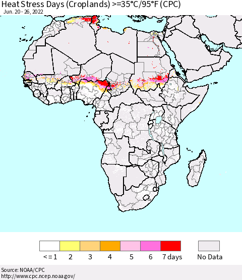 Africa Heat Stress Days (Croplands) >=35°C/95°F (CPC) Thematic Map For 6/20/2022 - 6/26/2022