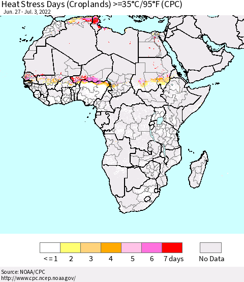 Africa Heat Stress Days (Croplands) >=35°C/95°F (CPC) Thematic Map For 6/27/2022 - 7/3/2022