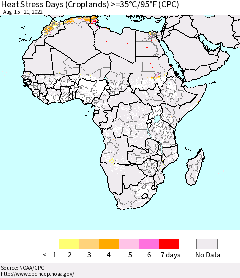 Africa Heat Stress Days (Croplands) >=35°C/95°F (CPC) Thematic Map For 8/15/2022 - 8/21/2022
