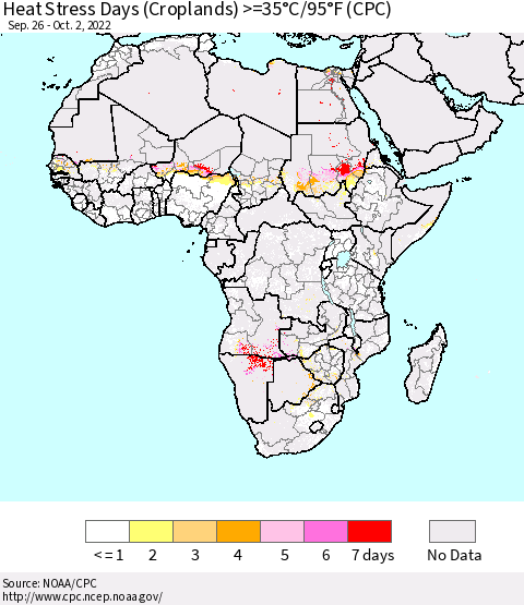 Africa Heat Stress Days (Croplands) >=35°C/95°F (CPC) Thematic Map For 9/26/2022 - 10/2/2022