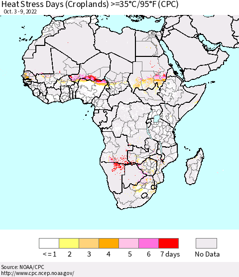 Africa Heat Stress Days (Croplands) >=35°C/95°F (CPC) Thematic Map For 10/3/2022 - 10/9/2022