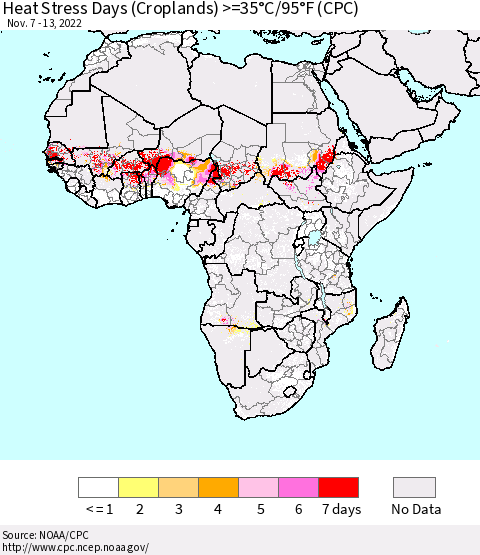 Africa Heat Stress Days (Croplands) >=35°C/95°F (CPC) Thematic Map For 11/7/2022 - 11/13/2022