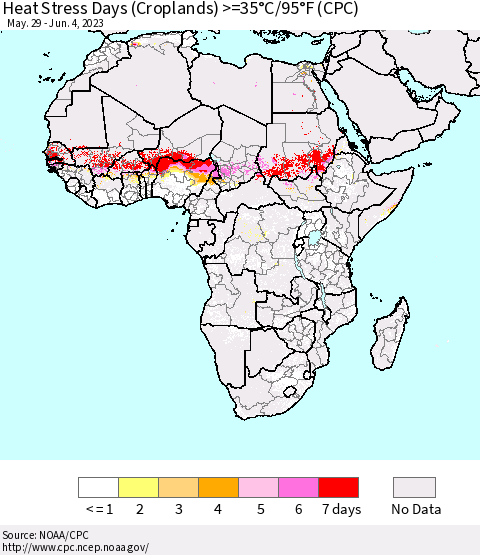 Africa Heat Stress Days (Croplands) >=35°C/95°F (CPC) Thematic Map For 5/29/2023 - 6/4/2023