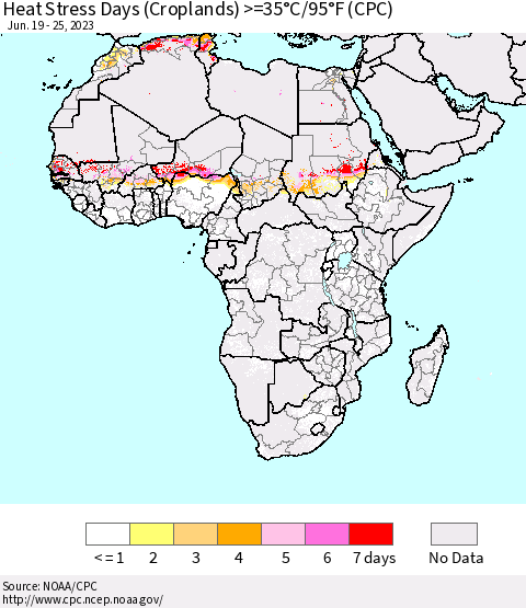 Africa Heat Stress Days (Croplands) >=35°C/95°F (CPC) Thematic Map For 6/19/2023 - 6/25/2023