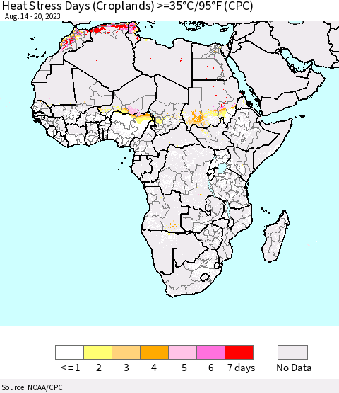 Africa Heat Stress Days (Croplands) >=35°C/95°F (CPC) Thematic Map For 8/14/2023 - 8/20/2023