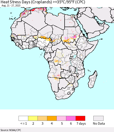 Africa Heat Stress Days (Croplands) >=35°C/95°F (CPC) Thematic Map For 8/21/2023 - 8/27/2023