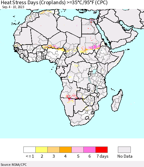 Africa Heat Stress Days (Croplands) >=35°C/95°F (CPC) Thematic Map For 9/4/2023 - 9/10/2023