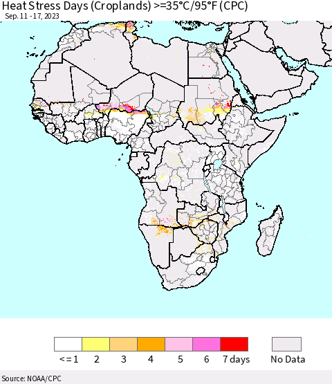 Africa Heat Stress Days (Croplands) >=35°C/95°F (CPC) Thematic Map For 9/11/2023 - 9/17/2023
