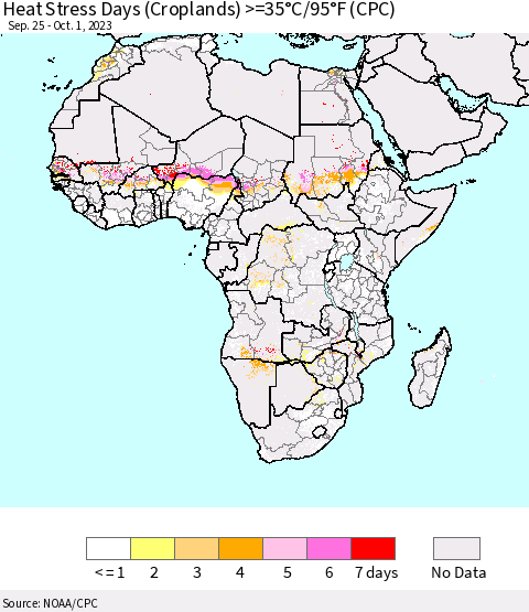 Africa Heat Stress Days (Croplands) >=35°C/95°F (CPC) Thematic Map For 9/25/2023 - 10/1/2023