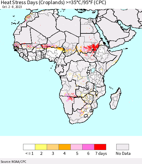 Africa Heat Stress Days (Croplands) >=35°C/95°F (CPC) Thematic Map For 10/2/2023 - 10/8/2023
