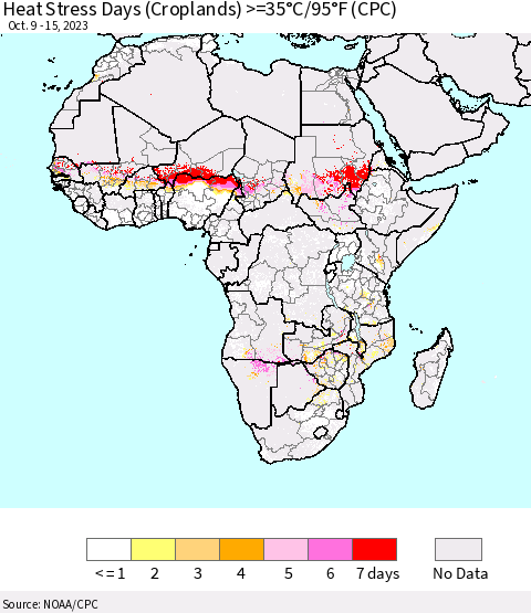 Africa Heat Stress Days (Croplands) >=35°C/95°F (CPC) Thematic Map For 10/9/2023 - 10/15/2023