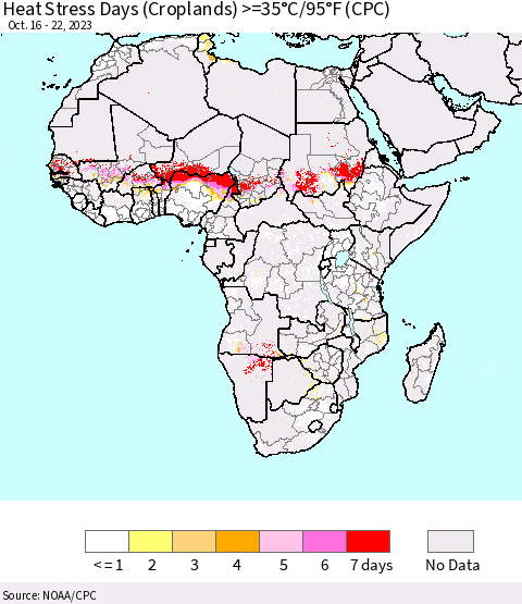 Africa Heat Stress Days (Croplands) >=35°C/95°F (CPC) Thematic Map For 10/16/2023 - 10/22/2023