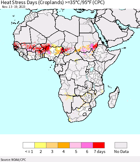 Africa Heat Stress Days (Croplands) >=35°C/95°F (CPC) Thematic Map For 11/13/2023 - 11/19/2023