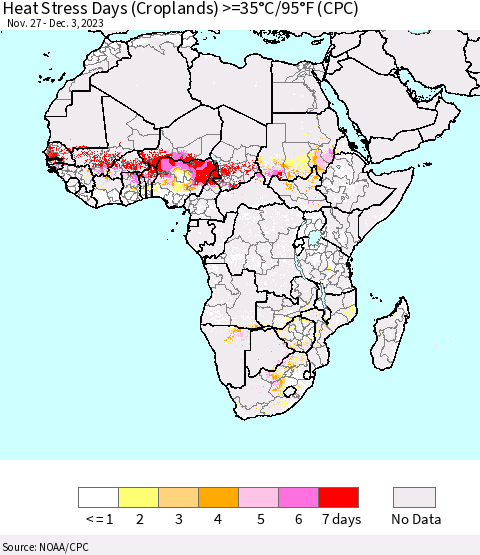 Africa Heat Stress Days (Croplands) >=35°C/95°F (CPC) Thematic Map For 11/27/2023 - 12/3/2023