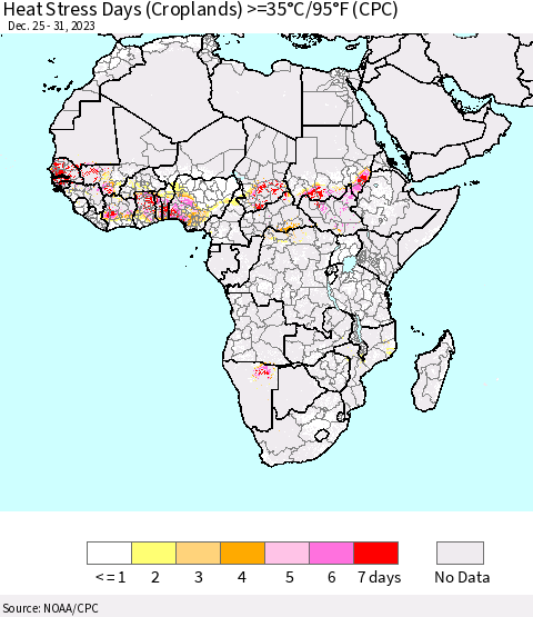 Africa Heat Stress Days (Croplands) >=35°C/95°F (CPC) Thematic Map For 12/25/2023 - 12/31/2023