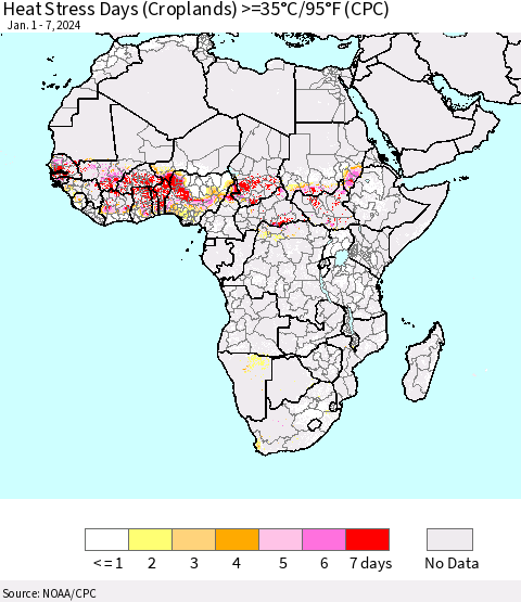 Africa Heat Stress Days (Croplands) >=35°C/95°F (CPC) Thematic Map For 1/1/2024 - 1/7/2024