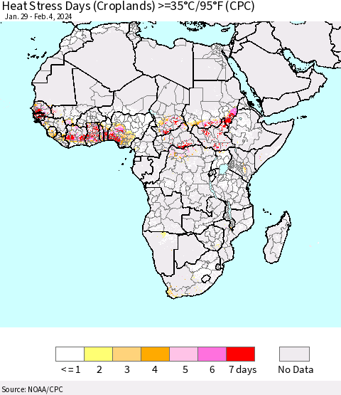 Africa Heat Stress Days (Croplands) >=35°C/95°F (CPC) Thematic Map For 1/29/2024 - 2/4/2024