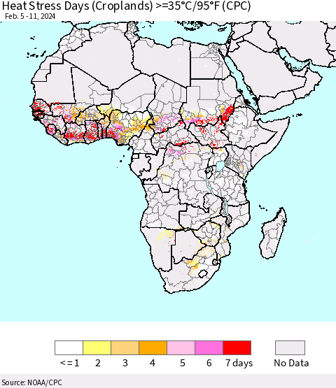 Africa Heat Stress Days (Croplands) >=35°C/95°F (CPC) Thematic Map For 2/5/2024 - 2/11/2024
