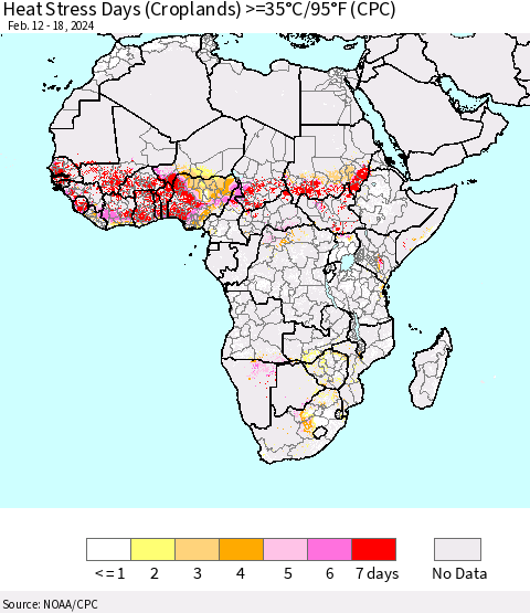 Africa Heat Stress Days (Croplands) >=35°C/95°F (CPC) Thematic Map For 2/12/2024 - 2/18/2024
