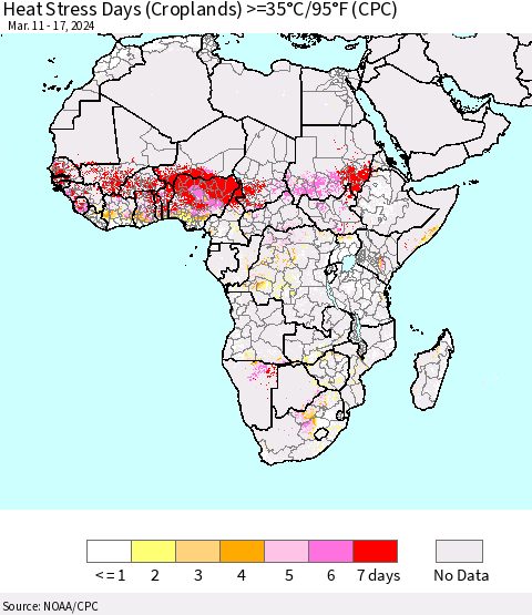 Africa Heat Stress Days (Croplands) >=35°C/95°F (CPC) Thematic Map For 3/11/2024 - 3/17/2024