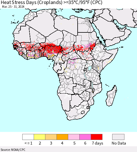 Africa Heat Stress Days (Croplands) >=35°C/95°F (CPC) Thematic Map For 3/25/2024 - 3/31/2024