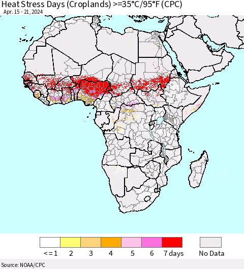 Africa Heat Stress Days (Croplands) >=35°C/95°F (CPC) Thematic Map For 4/15/2024 - 4/21/2024