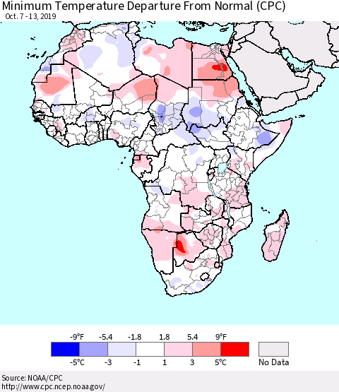 Africa Mean Minimum Temperature Departure from Normal (CPC) Thematic Map For 10/7/2019 - 10/13/2019