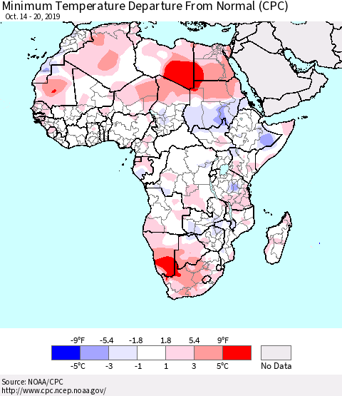 Africa Mean Minimum Temperature Departure from Normal (CPC) Thematic Map For 10/14/2019 - 10/20/2019