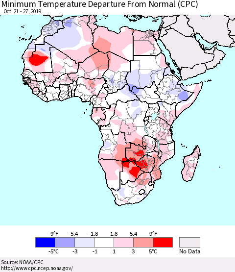 Africa Mean Minimum Temperature Departure from Normal (CPC) Thematic Map For 10/21/2019 - 10/27/2019