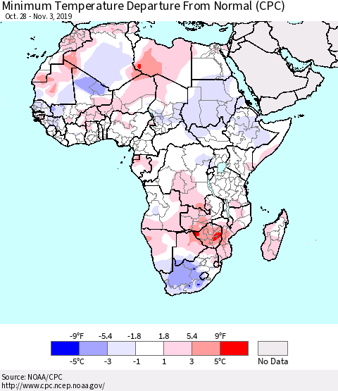 Africa Mean Minimum Temperature Departure from Normal (CPC) Thematic Map For 10/28/2019 - 11/3/2019