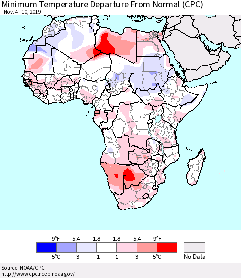 Africa Mean Minimum Temperature Departure from Normal (CPC) Thematic Map For 11/4/2019 - 11/10/2019