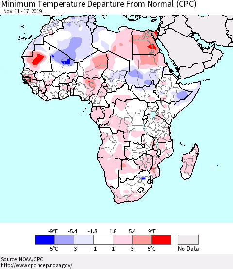 Africa Mean Minimum Temperature Departure from Normal (CPC) Thematic Map For 11/11/2019 - 11/17/2019