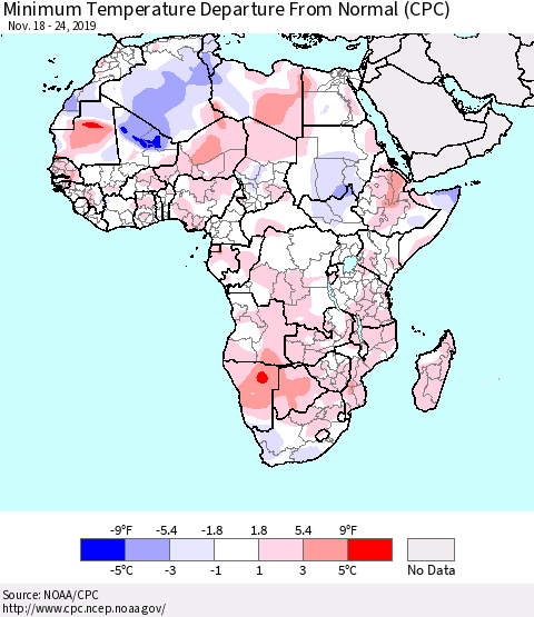 Africa Mean Minimum Temperature Departure from Normal (CPC) Thematic Map For 11/18/2019 - 11/24/2019
