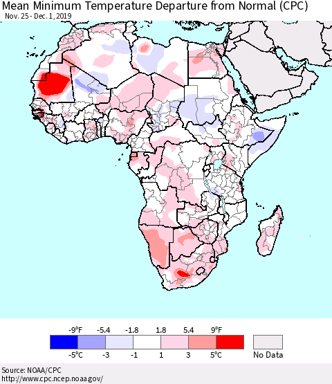 Africa Mean Minimum Temperature Departure from Normal (CPC) Thematic Map For 11/25/2019 - 12/1/2019