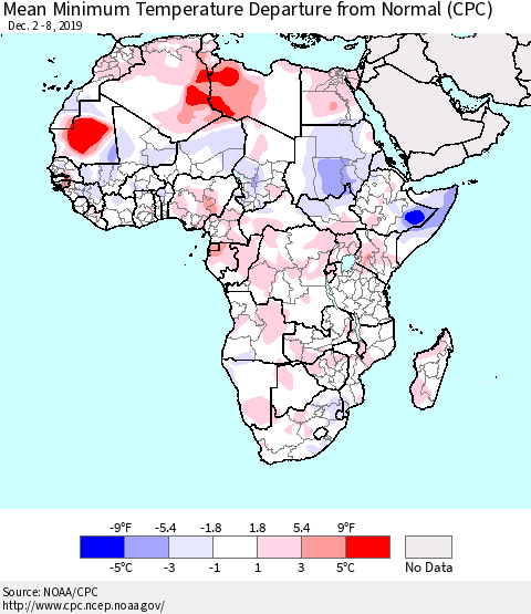 Africa Mean Minimum Temperature Departure from Normal (CPC) Thematic Map For 12/2/2019 - 12/8/2019