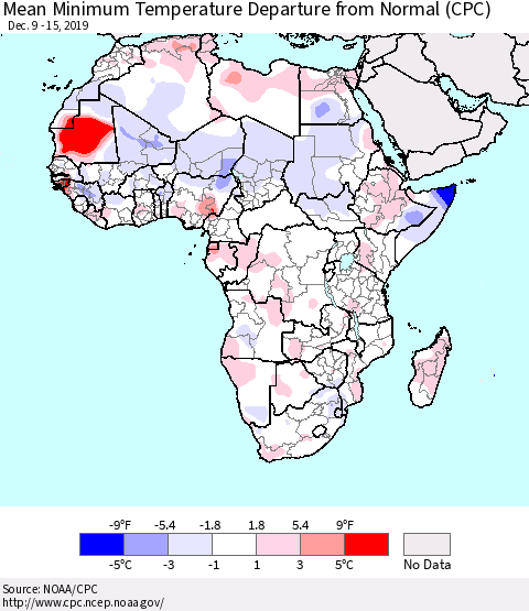 Africa Mean Minimum Temperature Departure from Normal (CPC) Thematic Map For 12/9/2019 - 12/15/2019