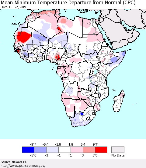 Africa Mean Minimum Temperature Departure from Normal (CPC) Thematic Map For 12/16/2019 - 12/22/2019