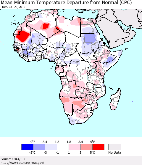 Africa Mean Minimum Temperature Departure from Normal (CPC) Thematic Map For 12/23/2019 - 12/29/2019