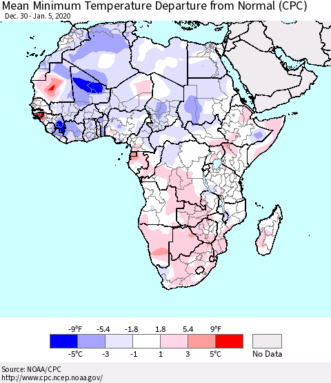 Africa Mean Minimum Temperature Departure from Normal (CPC) Thematic Map For 12/30/2019 - 1/5/2020