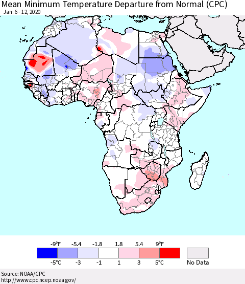 Africa Mean Minimum Temperature Departure from Normal (CPC) Thematic Map For 1/6/2020 - 1/12/2020