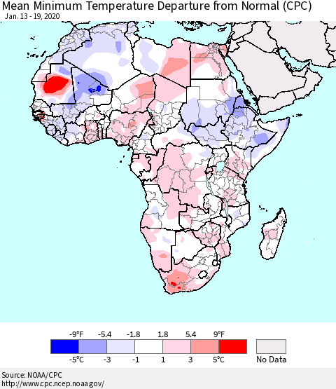 Africa Mean Minimum Temperature Departure from Normal (CPC) Thematic Map For 1/13/2020 - 1/19/2020