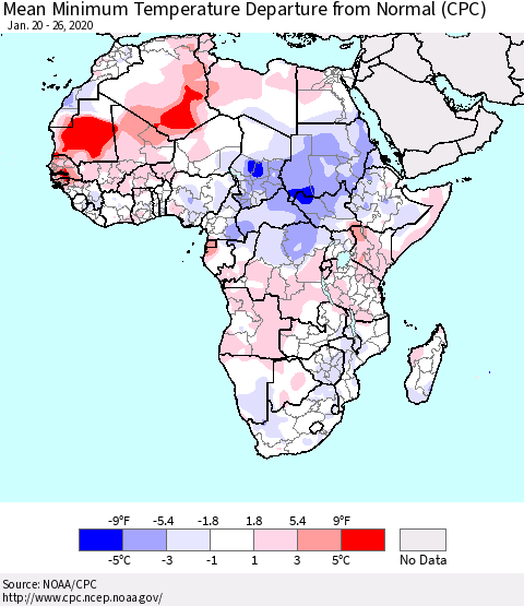 Africa Mean Minimum Temperature Departure from Normal (CPC) Thematic Map For 1/20/2020 - 1/26/2020